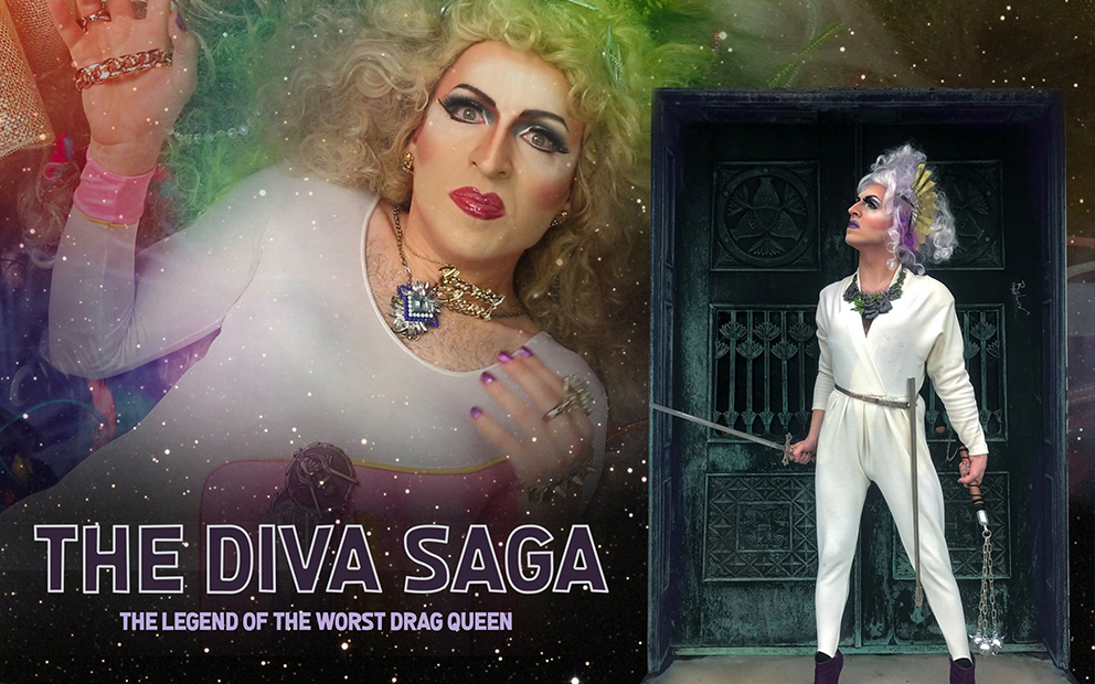 Collage of two drag queens: one on a glittery floor with green hair, the other in white holding a sword.